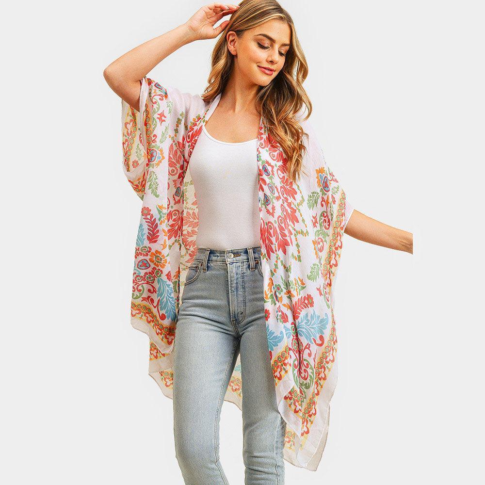 Coral Bohemian Print Cover Up Kimono Poncho - Jewelry Store by Erik Rayo