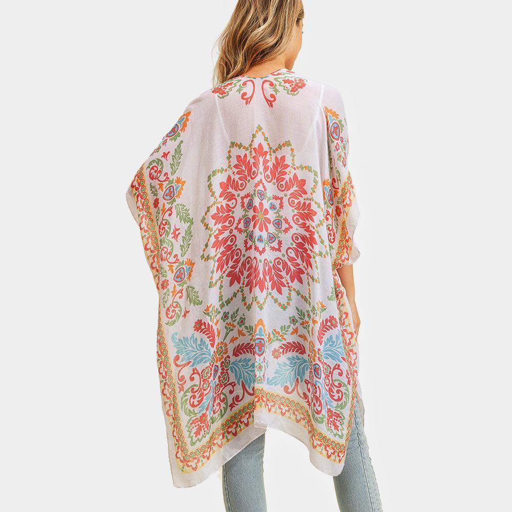 Coral Bohemian Print Cover Up Kimono Poncho - Jewelry Store by Erik Rayo