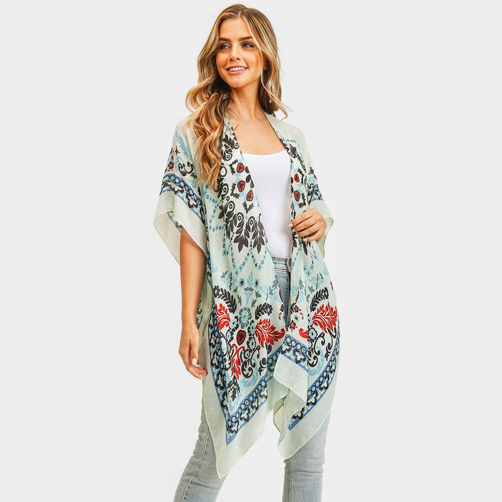 Blue Bohemian Print Cover Up Kimono Poncho