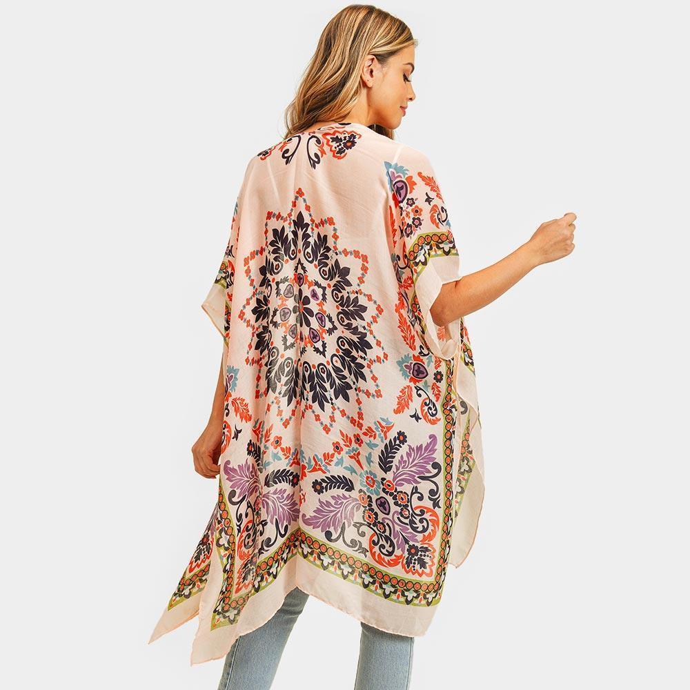 Coral Bohemian Print Cover Up Kimono Poncho - Jewelry Store by Erik Rayo