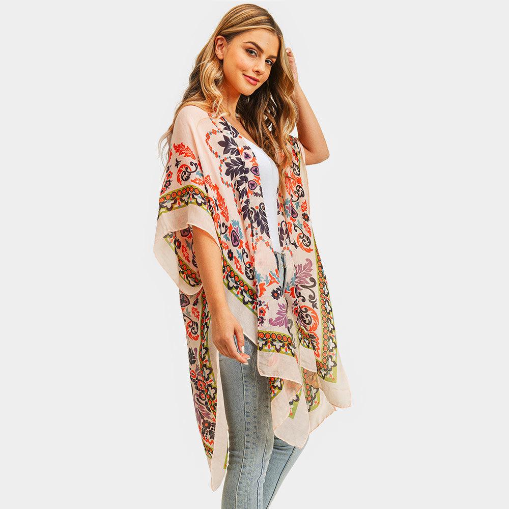 Coral Bohemian Print Cover Up Kimono Poncho