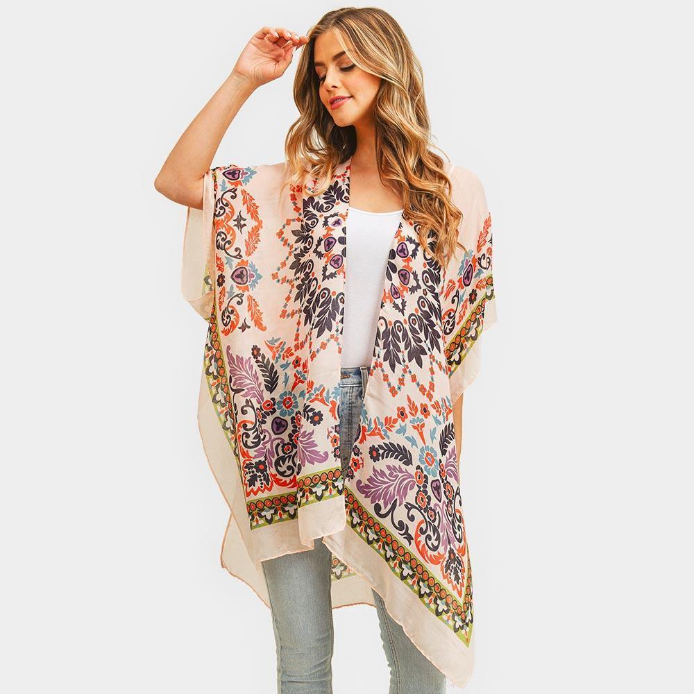 Coral Bohemian Print Cover Up Kimono Poncho - Jewelry Store by Erik Rayo