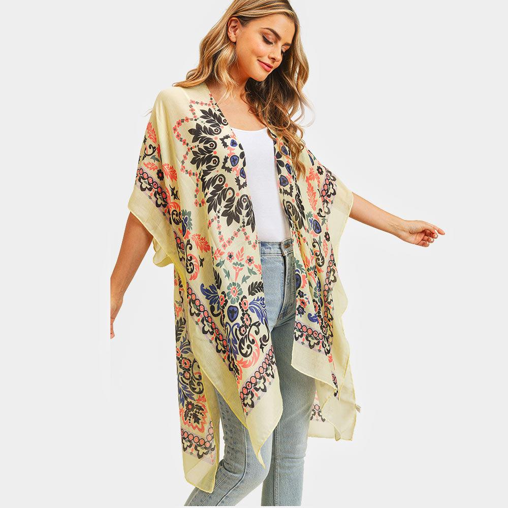 Yellow Bohemian Print Cover Up Kimono Poncho