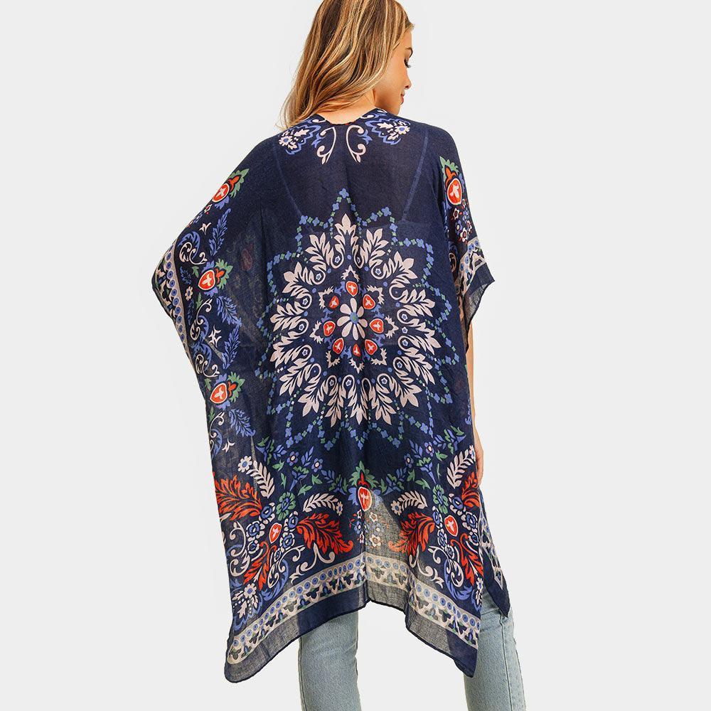 Navy Bohemian Print Cover Up Kimono Poncho - Jewelry Store by Erik Rayo