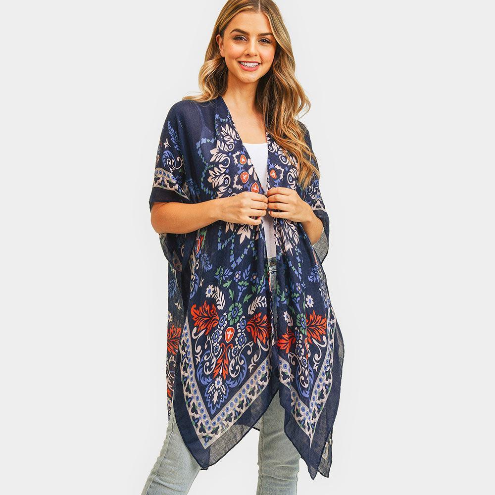 Navy Bohemian Print Cover Up Kimono Poncho - Jewelry Store by Erik Rayo