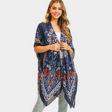 Load image into Gallery viewer, Navy Bohemian Print Cover Up Kimono Poncho
