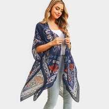 Load image into Gallery viewer, Navy Bohemian Print Cover Up Kimono Poncho
