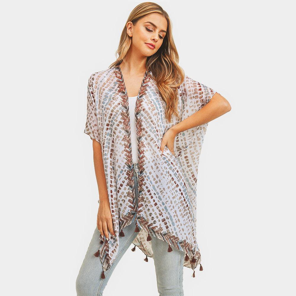 Brown Multi Dash Pattern Tassel Cover Up Kimono Poncho - Jewelry Store by Erik Rayo