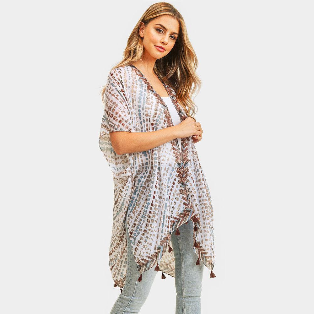 Brown Multi Dash Pattern Tassel Cover Up Kimono Poncho - Jewelry Store by Erik Rayo