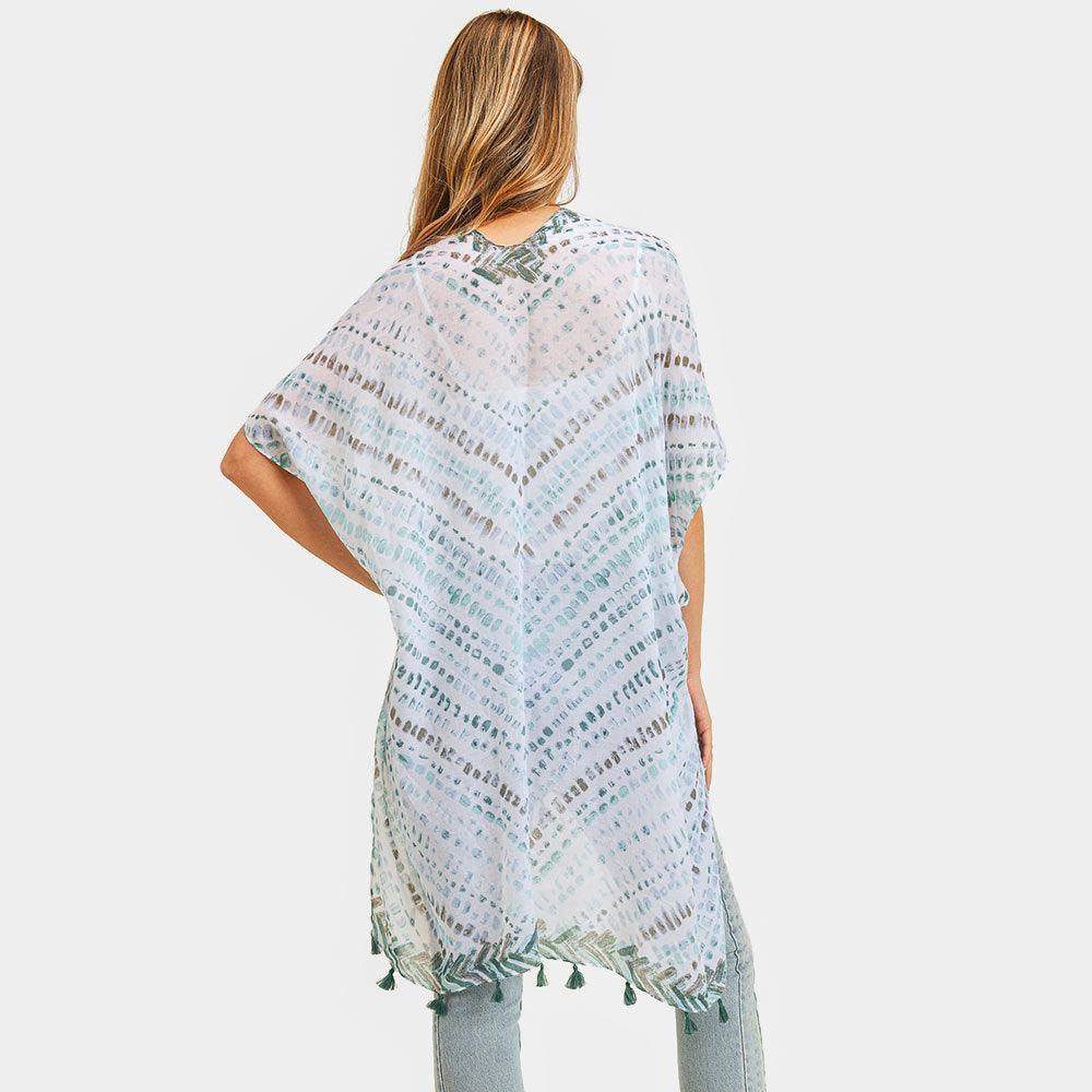 Mint Multi Dash Pattern Tassel Cover Up Kimono Poncho - Jewelry Store by Erik Rayo