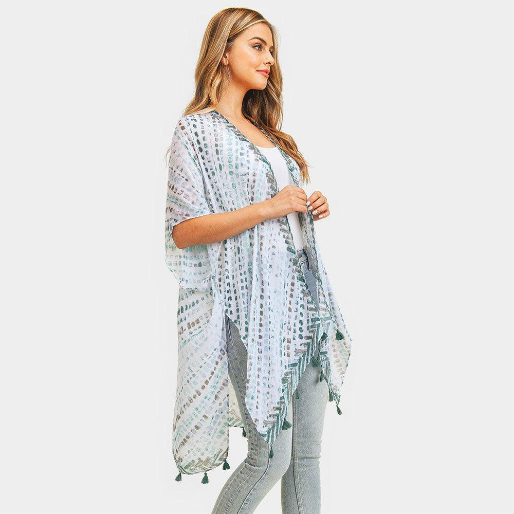 Mint Multi Dash Pattern Tassel Cover Up Kimono Poncho - Jewelry Store by Erik Rayo