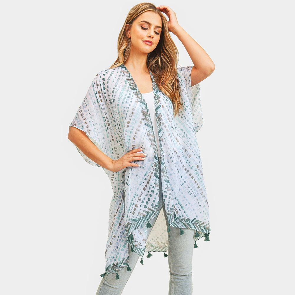 Mint Multi Dash Pattern Tassel Cover Up Kimono Poncho - Jewelry Store by Erik Rayo