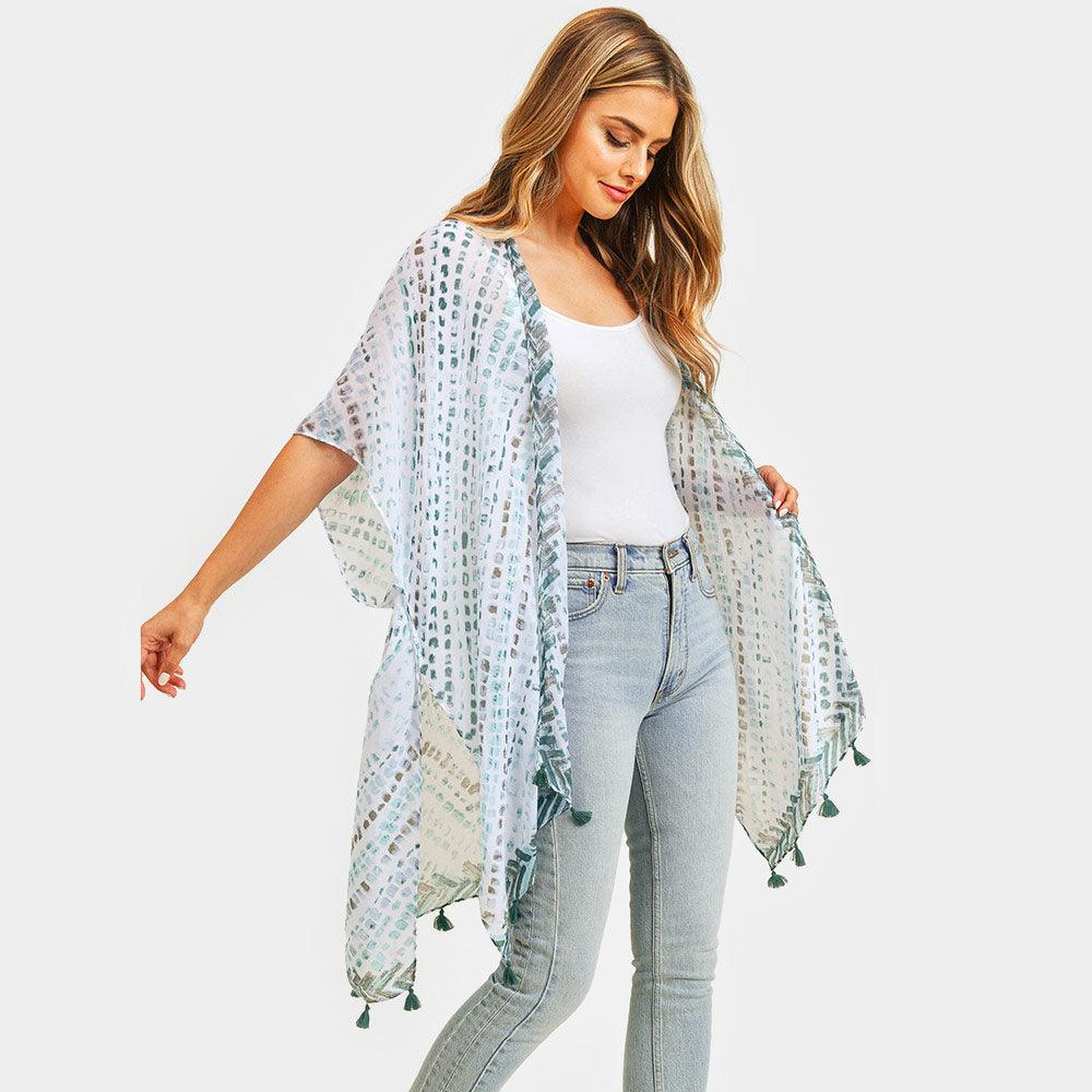 Mint Multi Dash Pattern Tassel Cover Up Kimono Poncho