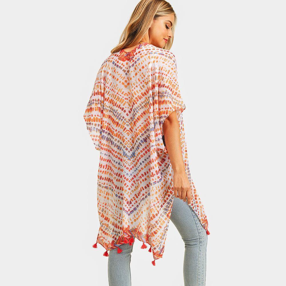 Red Multi Dash Pattern Tassel Cover Up Kimono Poncho - Jewelry Store by Erik Rayo