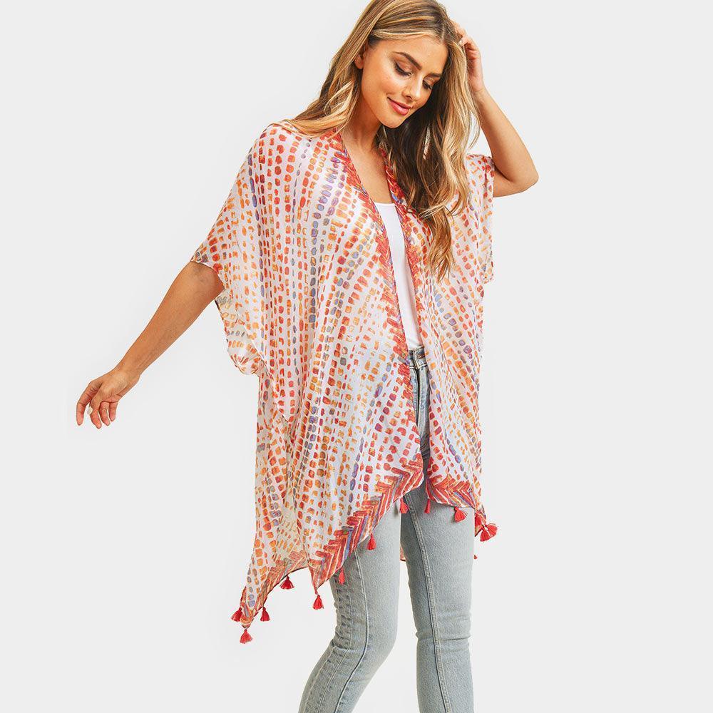 Red Multi Dash Pattern Tassel Cover Up Kimono Poncho - Jewelry Store by Erik Rayo