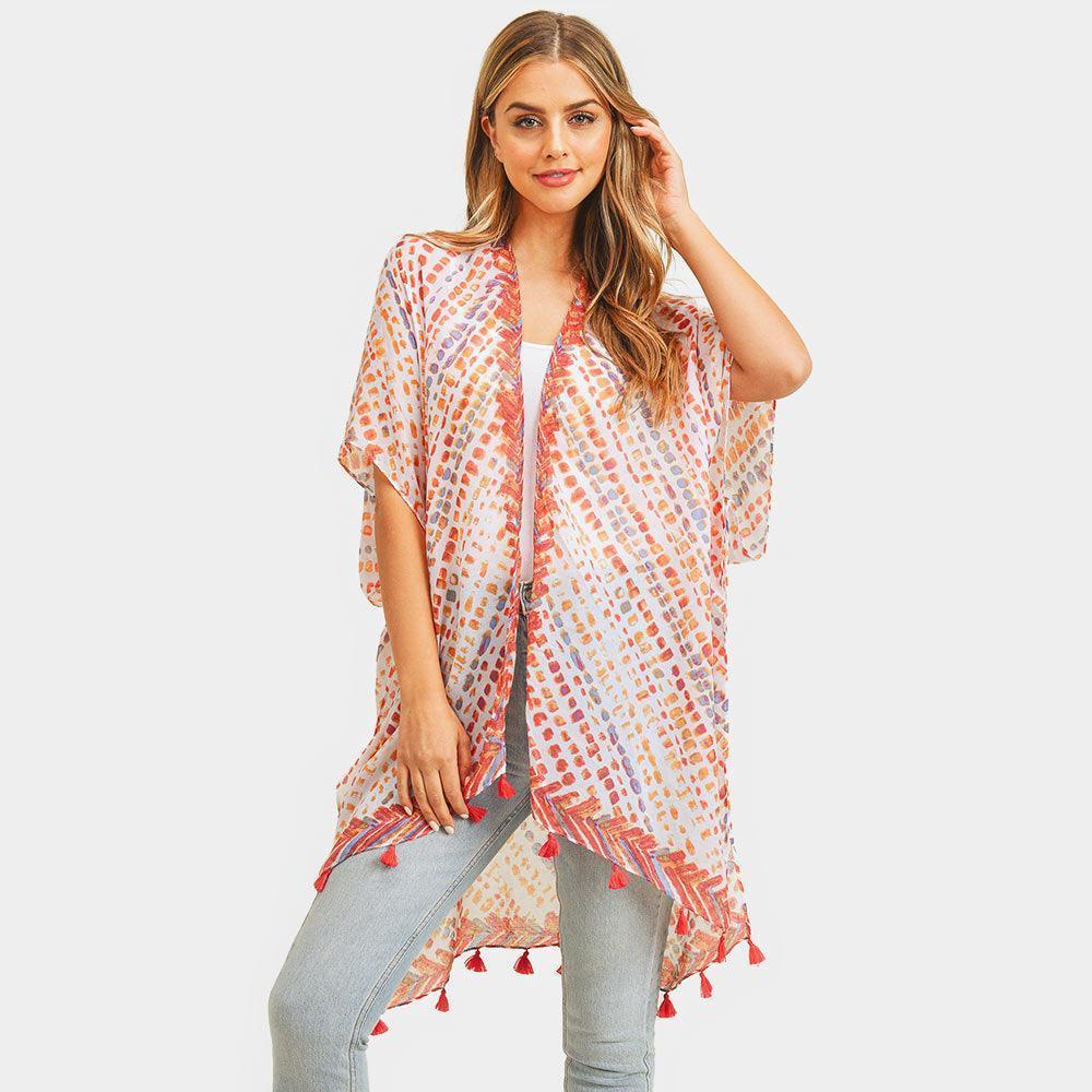 Red Multi Dash Pattern Tassel Cover Up Kimono Poncho - Jewelry Store by Erik Rayo