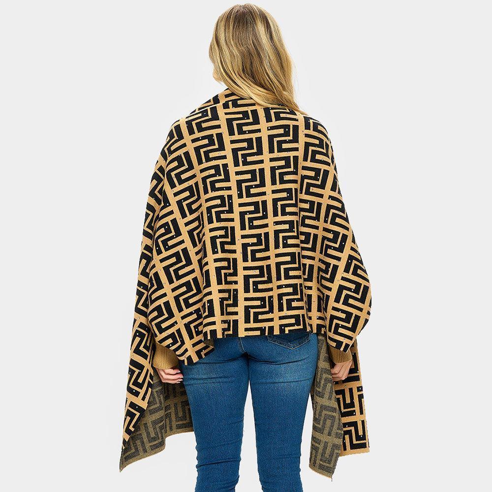 Brown Bling Stone Embellished Patterned Sleeve Wrap Poncho - Jewelry Store by Erik Rayo