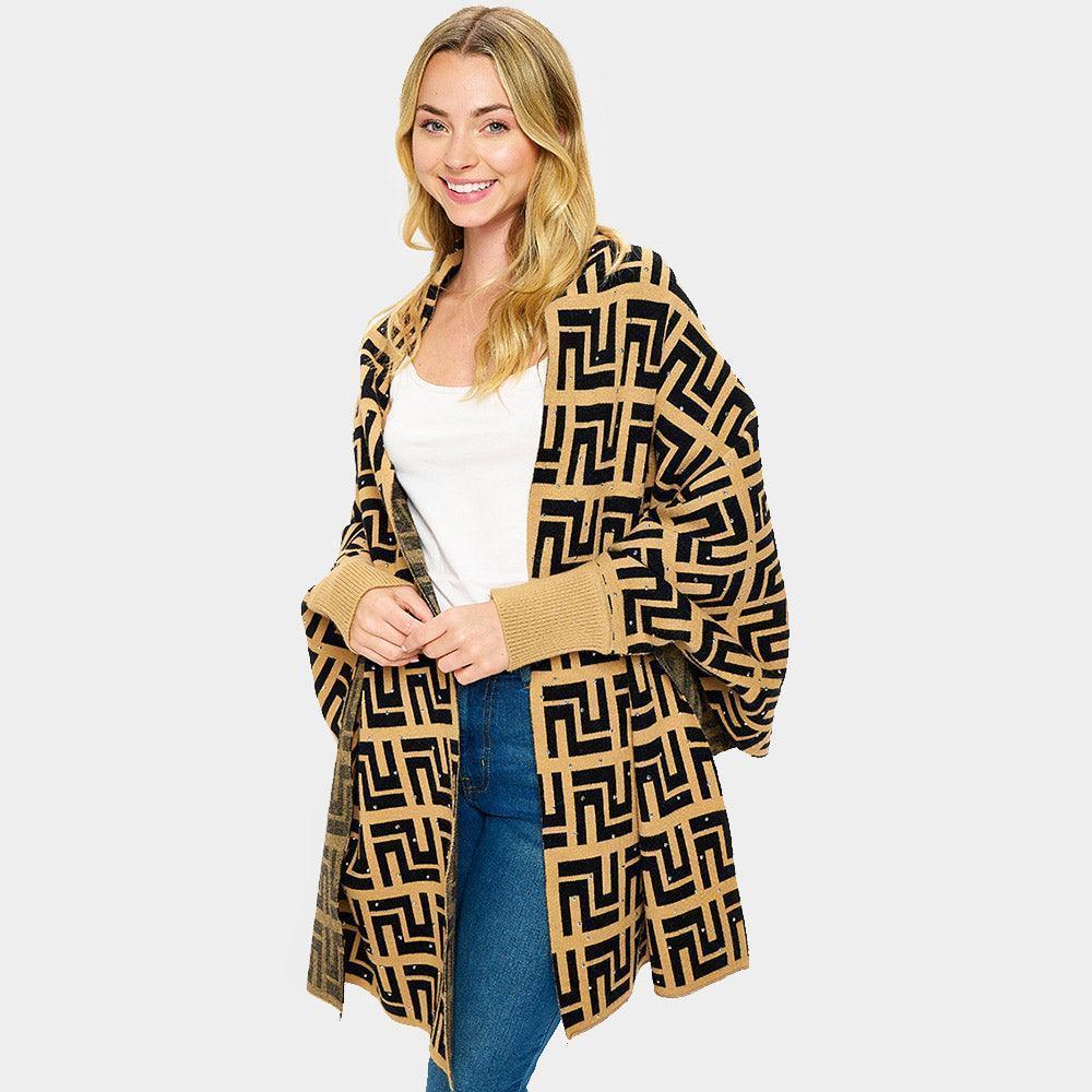 Brown Bling Stone Embellished Patterned Sleeve Wrap Poncho - Jewelry Store by Erik Rayo