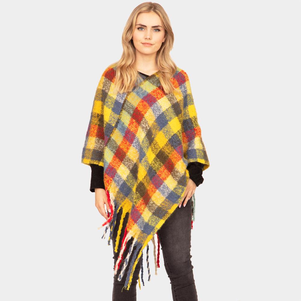 Yellow Plaid Check Patterned Poncho