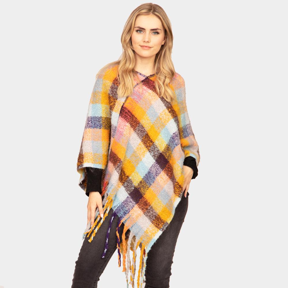 Purple Plaid Check Patterned Poncho