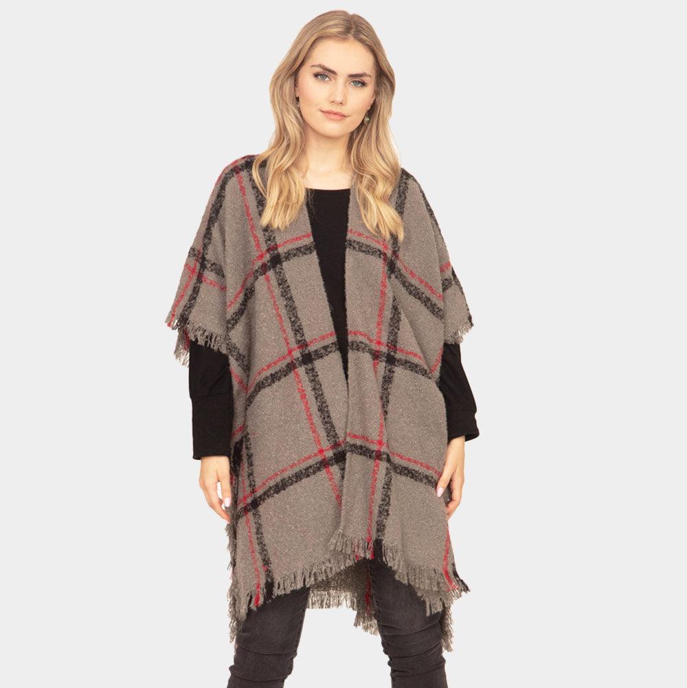 Charcoal Plaid Check Poncho