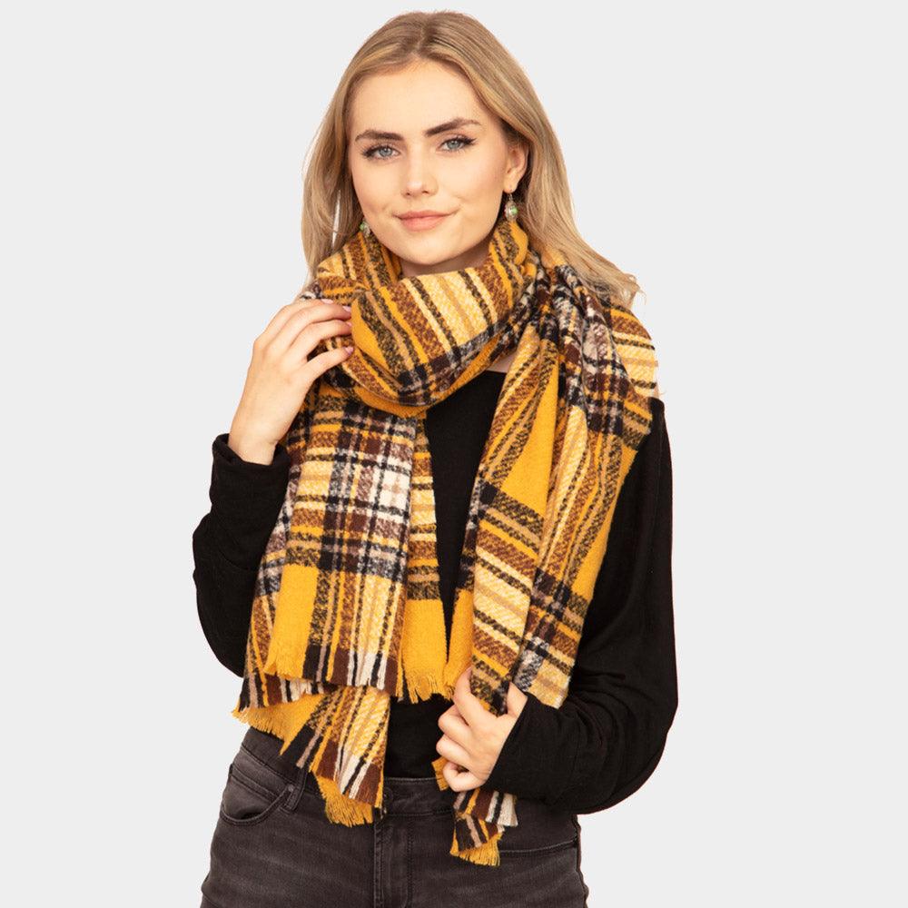 Mustard Plaid Check Patterned Oblong Scarf