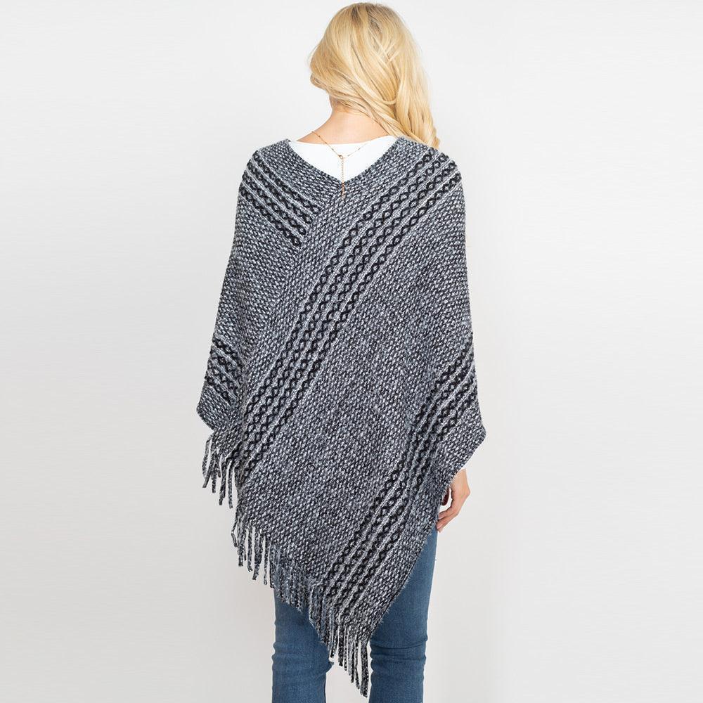 Black Striped Knit Tassel Poncho - Jewelry Store by Erik Rayo