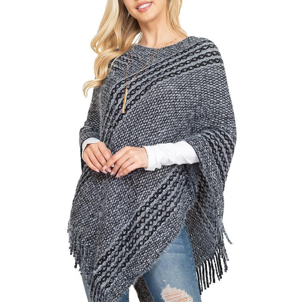 Black Striped Knit Tassel Poncho - Jewelry Store by Erik Rayo