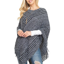 Load image into Gallery viewer, Black Striped Knit Tassel Poncho
