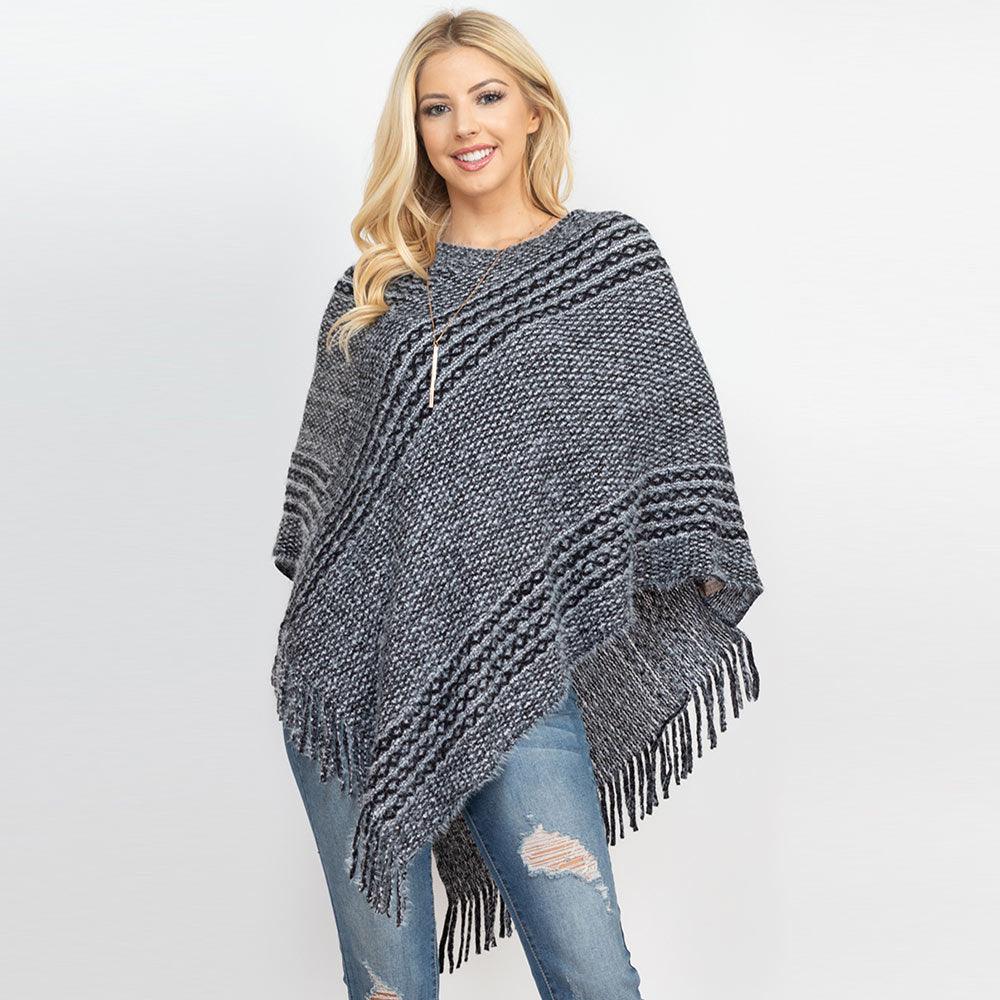 Black Striped Knit Tassel Poncho