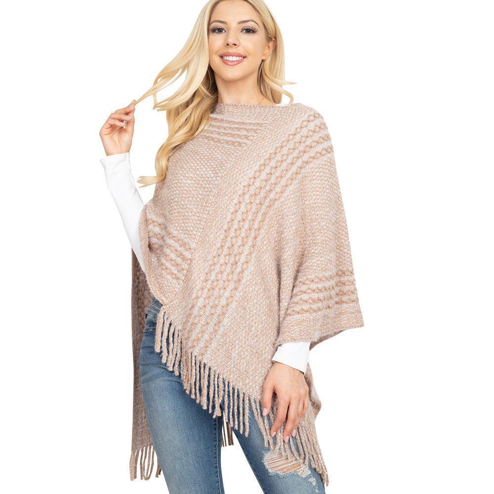 Taupe Striped Knit Tassel Poncho - Jewelry Store by Erik Rayo
