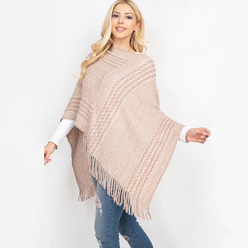 Taupe Striped Knit Tassel Poncho - Jewelry Store by Erik Rayo