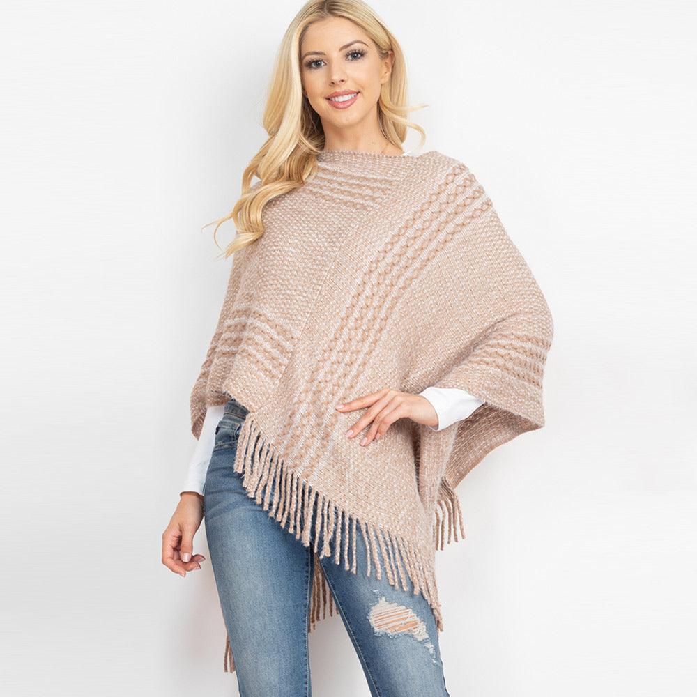 Taupe Striped Knit Tassel Poncho