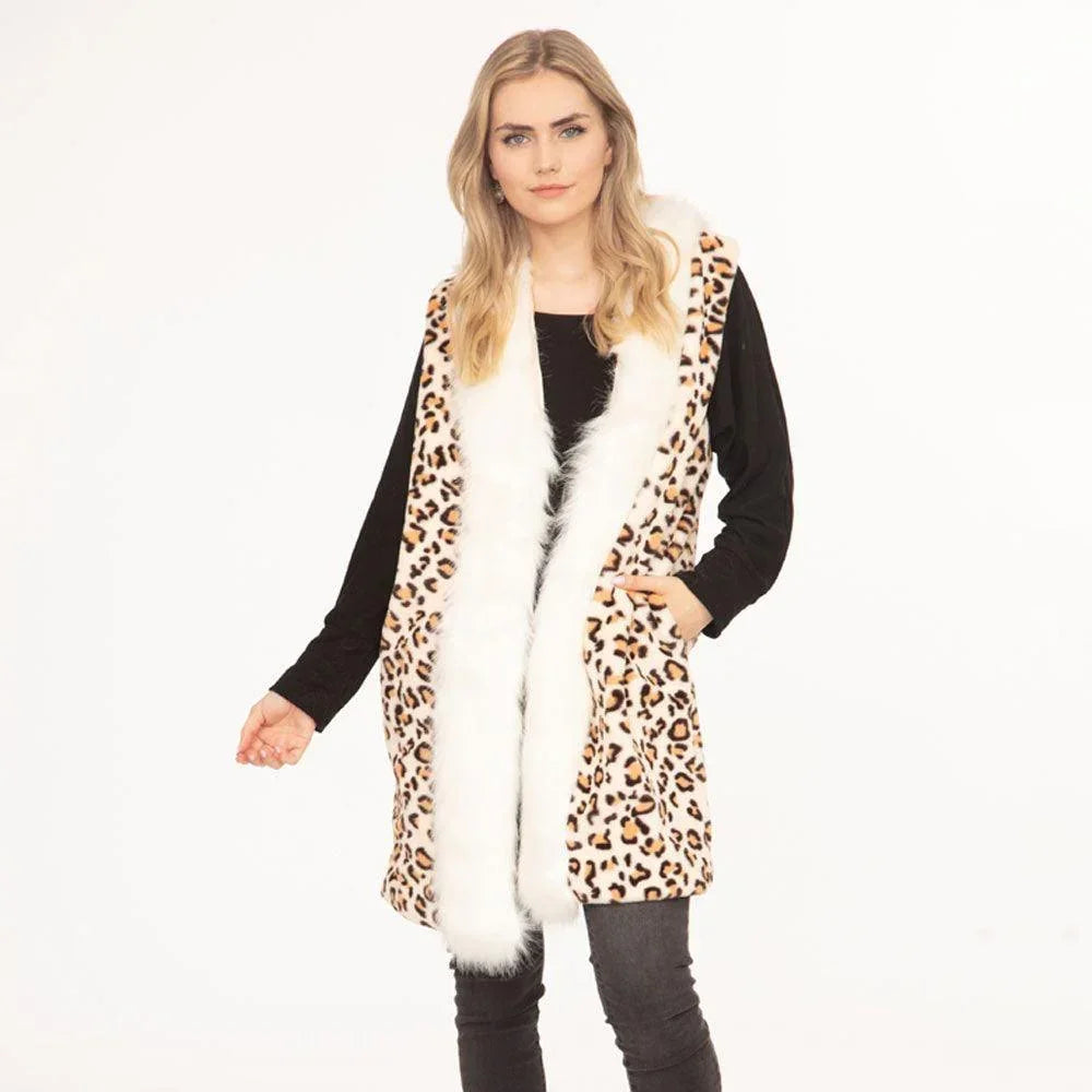Beige Leopard Patterned Faux Fur Trim Vest - Jewelry Store by Erik Rayo