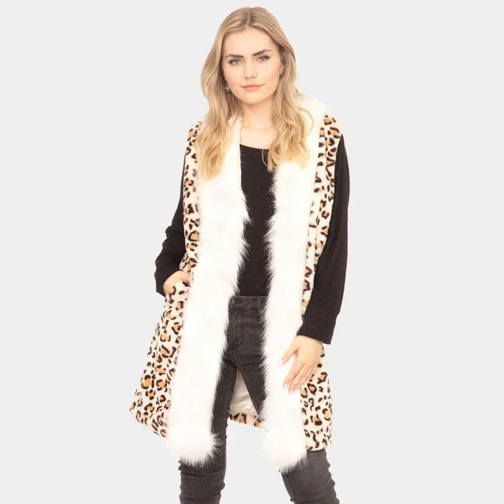 Beige Leopard Patterned Faux Fur Trim Vest - Jewelry Store by Erik Rayo