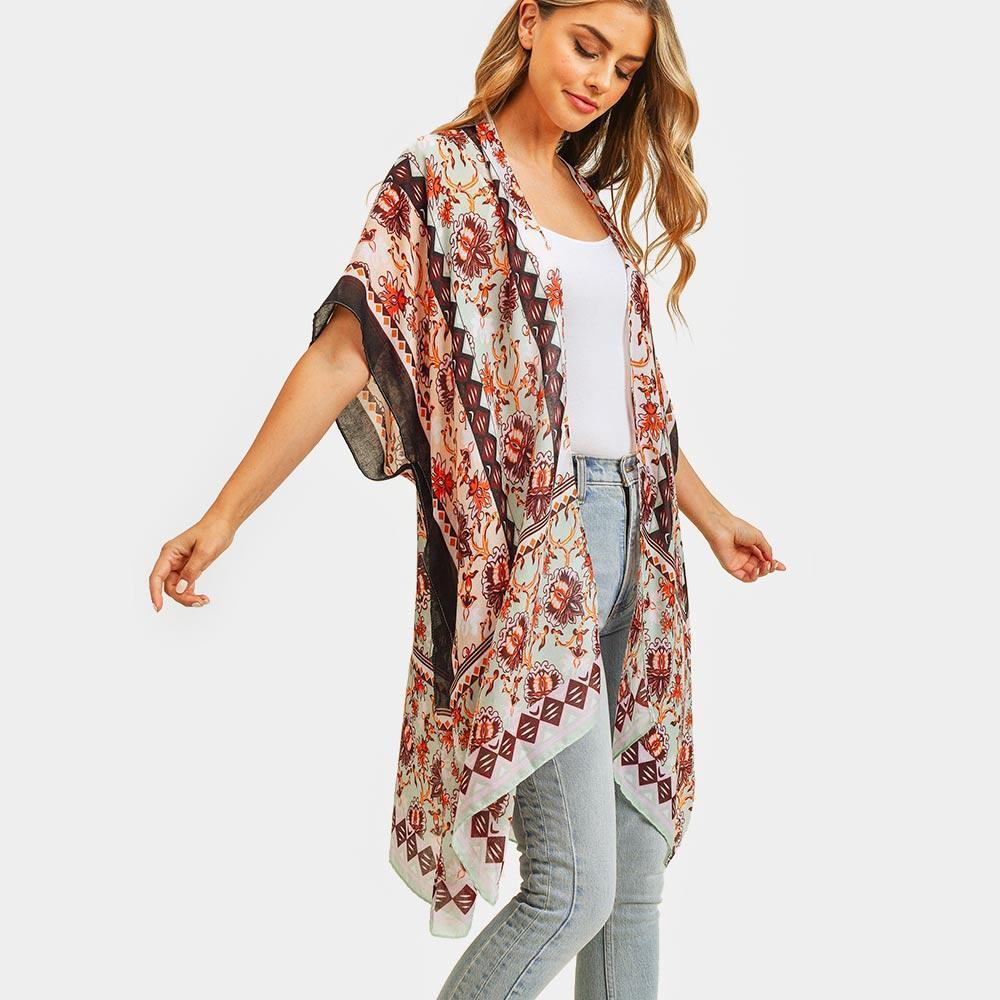 Mint Flower Patterned Cover Up Kimono Poncho - Jewelry Store by Erik Rayo