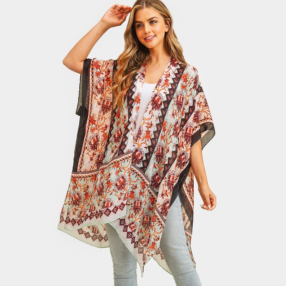 Mint Flower Patterned Cover Up Kimono Poncho