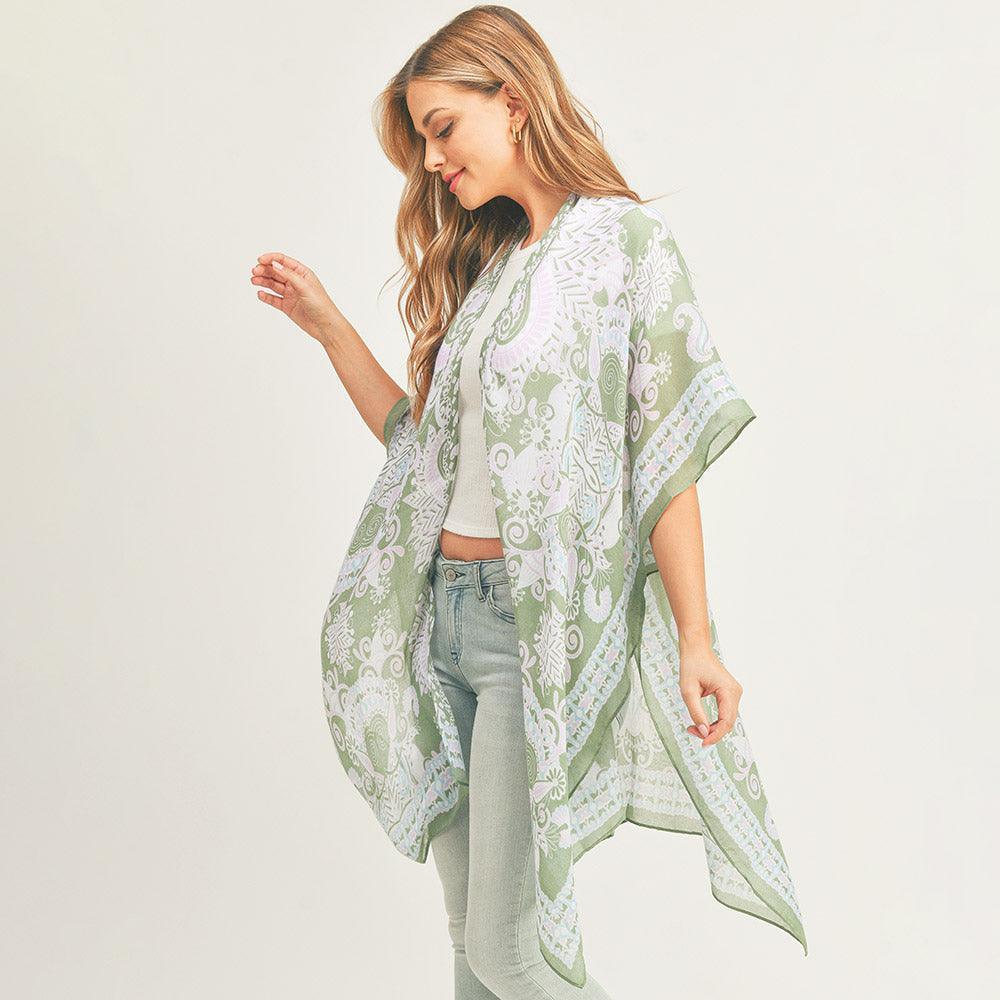 Olive Green Bohemian Patterned Cover Up Kimono Poncho - Jewelry Store by Erik Rayo