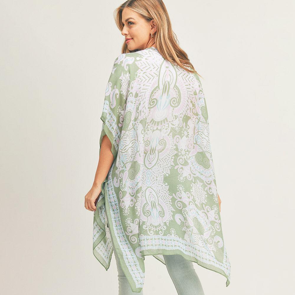 Olive Green Bohemian Patterned Cover Up Kimono Poncho - Jewelry Store by Erik Rayo
