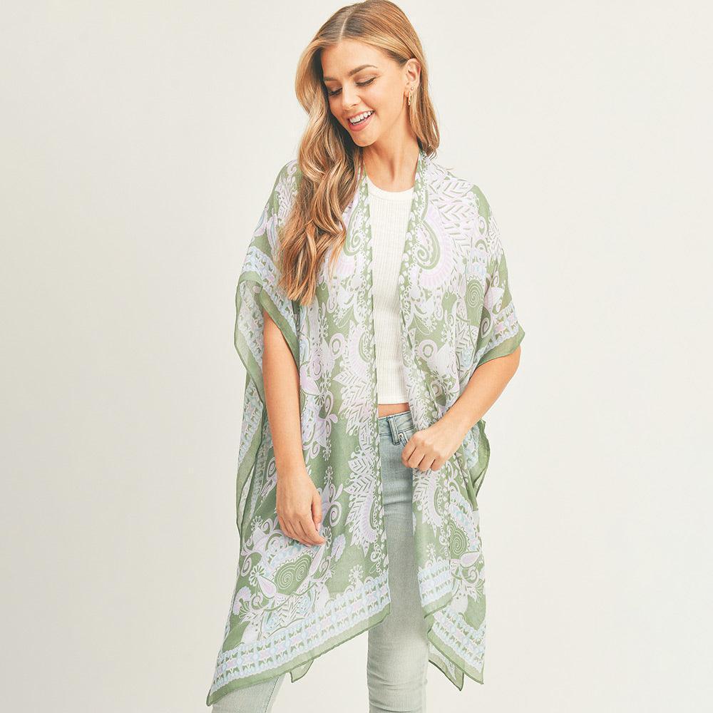 Olive Green Bohemian Patterned Cover Up Kimono Poncho - Jewelry Store by Erik Rayo