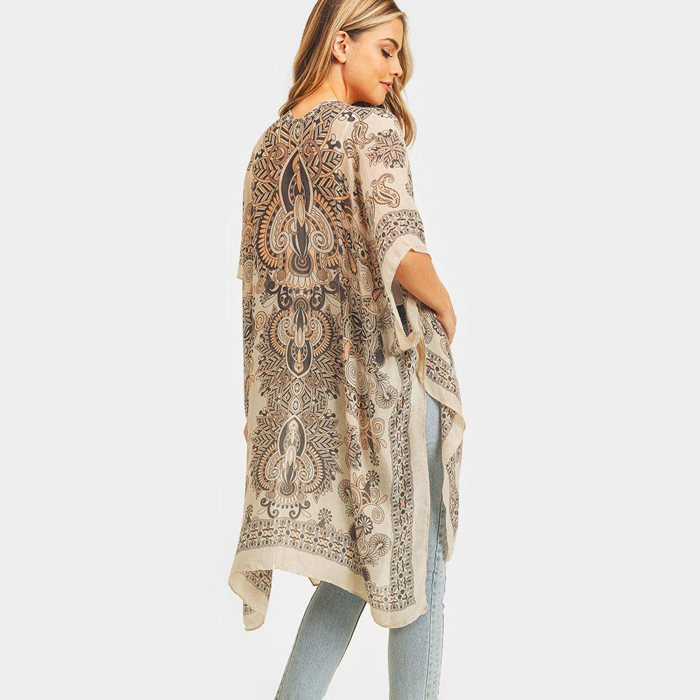 Taupe Bohemian Patterned Cover Up Kimono Poncho - Jewelry Store by Erik Rayo