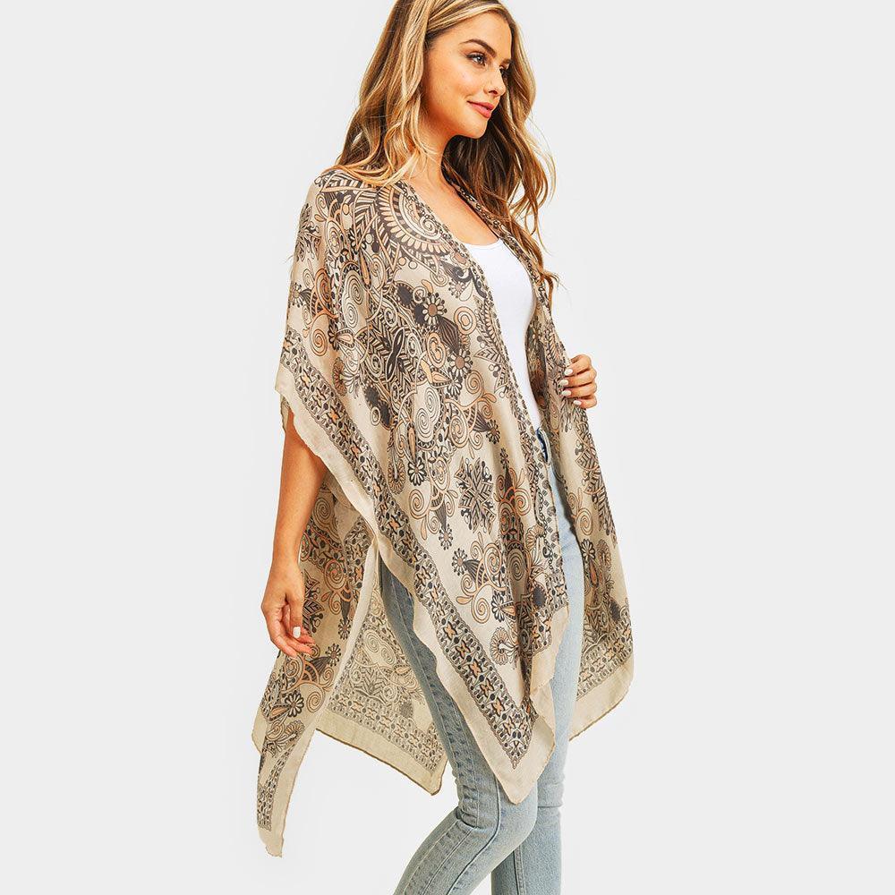 Taupe Bohemian Patterned Cover Up Kimono Poncho - Jewelry Store by Erik Rayo