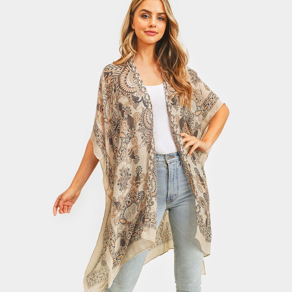 Taupe Bohemian Patterned Cover Up Kimono Poncho - Jewelry Store by Erik Rayo