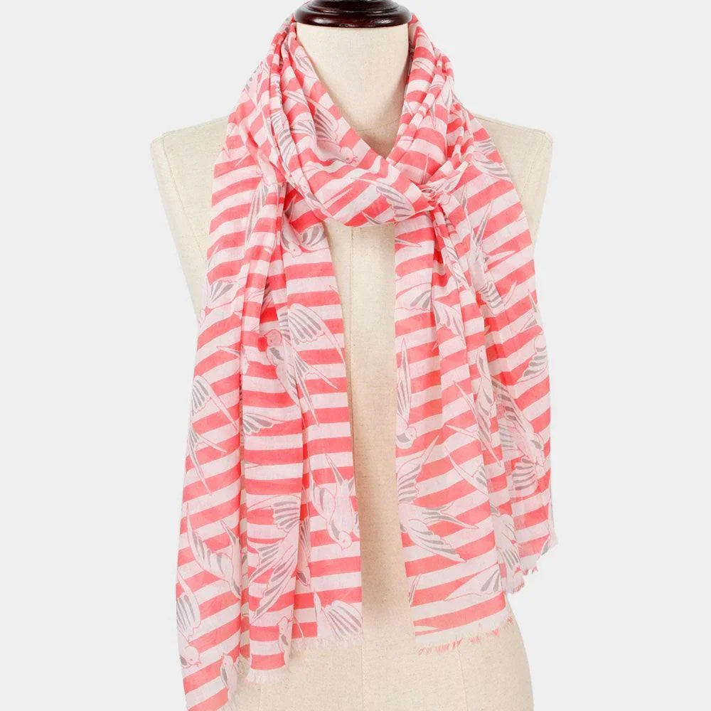 Coral Bird Stripe Print Scarf - Jewelry Store by Erik Rayo