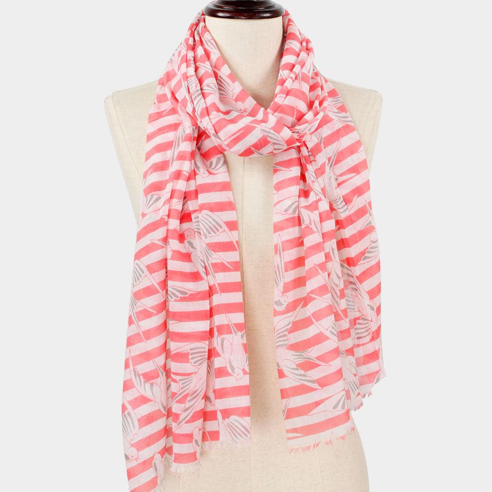 Coral Bird Stripe Print Scarf