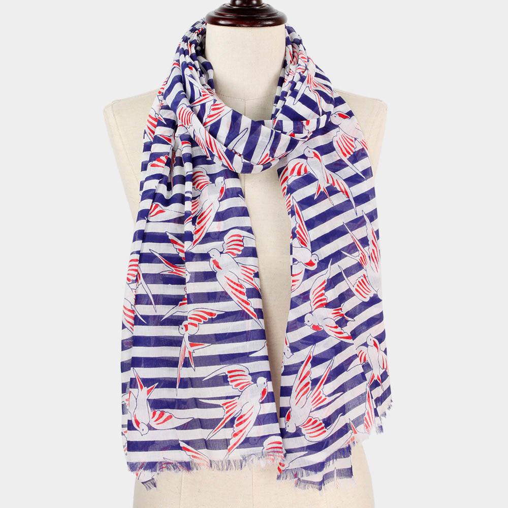 Navy Bird Stripe Print Scarf