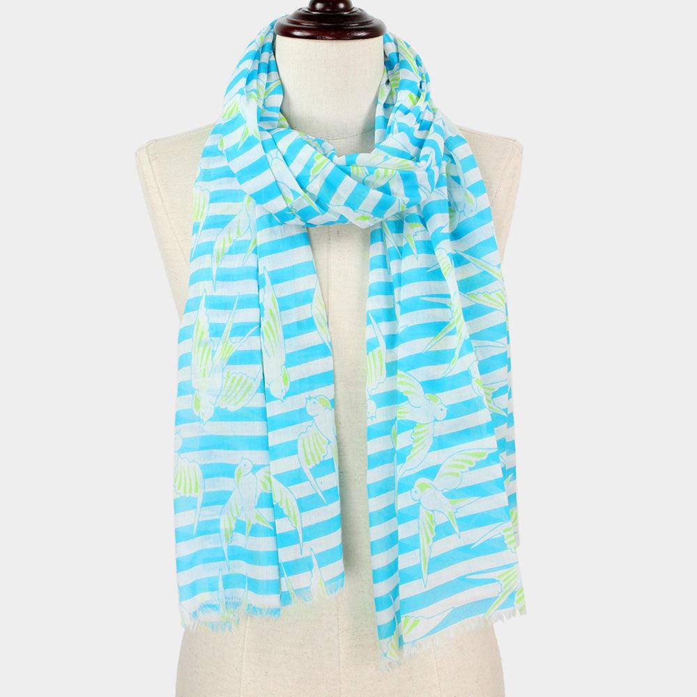 Turquoise Bird Stripe Print Scarf