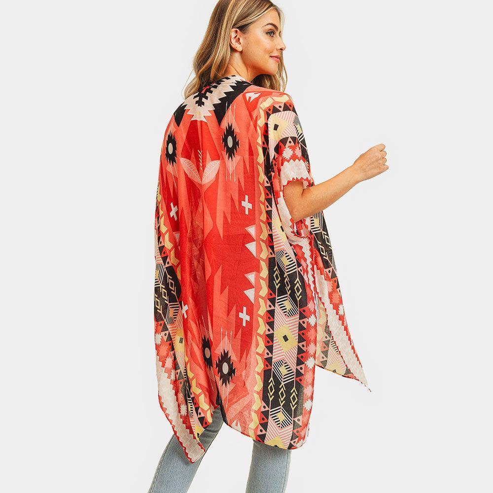 Coral Tribal Patterned Cover Up Kimono Poncho - Jewelry Store by Erik Rayo