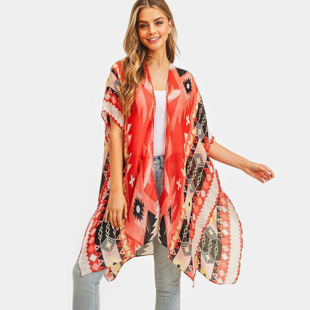 Coral Tribal Patterned Cover Up Kimono Poncho - Jewelry Store by Erik Rayo
