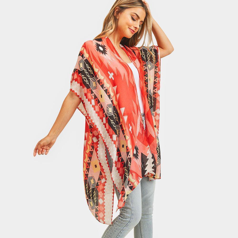 Coral Tribal Patterned Cover Up Kimono Poncho - Jewelry Store by Erik Rayo